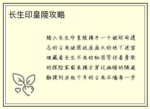 长生印皇陵攻略
